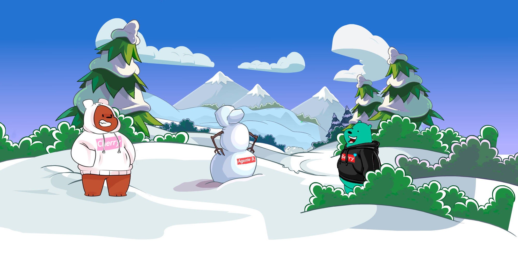Montanhas ao fundo da imagem. Zona com árvores e arbustos cobertos por neve. Em cima de um monte de neve, dois ursos com camisolas branca e preta cada uma com o seu nome: Cherry e Berry, respetivamente. No centro deles encontra-se um boneco de neve com uma faixa a dizer Agente B. .